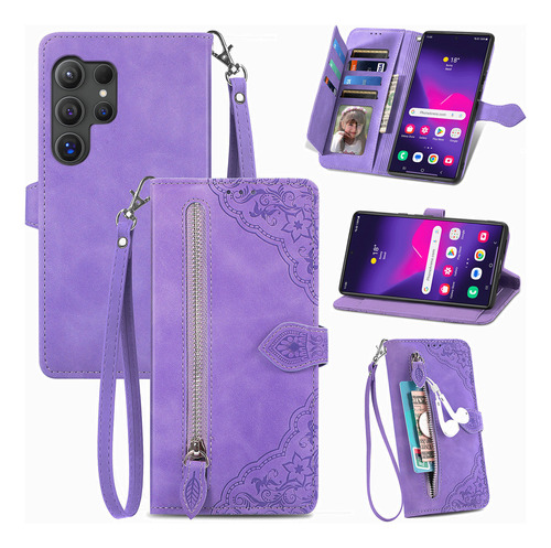 Funda De Piel Tipo Cartera Con Cremallera Para Samsung (viol