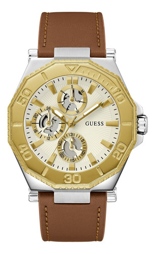 Reloj Para Hombre Guess Continental Color Café Gw0262g3 Bisel Dorado Fondo Dorado