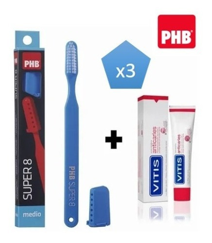 Cepillo De Dientes Phb Super 8 + Pasta 15 Ml Pack 3 Unidades