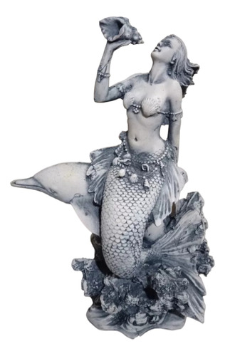 Figura Resina Para Acuario Sirena Con Delfin Mediano 25x18cm