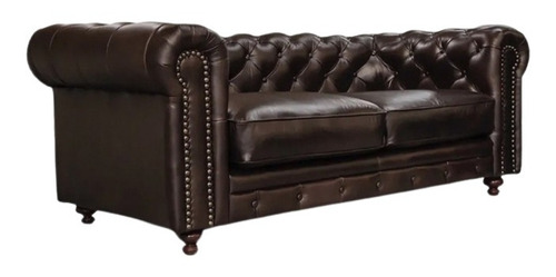 Sofá Conforto Piel Chesterfield De 2 Cuerpos Color Chocolate Grasso De Cuero Y Patas Color Marrón De Madera