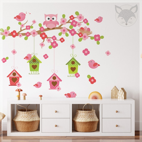 Vinilos Para Pared Infantil Rama Con Buhos Y Pajaros Nenas