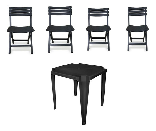 Kit Mesa De Plástico Monobloco Preta Com 4 Cadeiras Dobrável