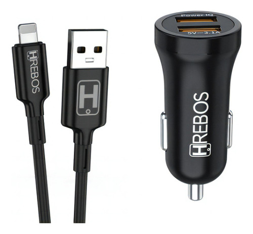 Kit Carregador Veicular 2 Usb 3.1a+ Cabo P/ iPhone  Hs-182i Cor Preto