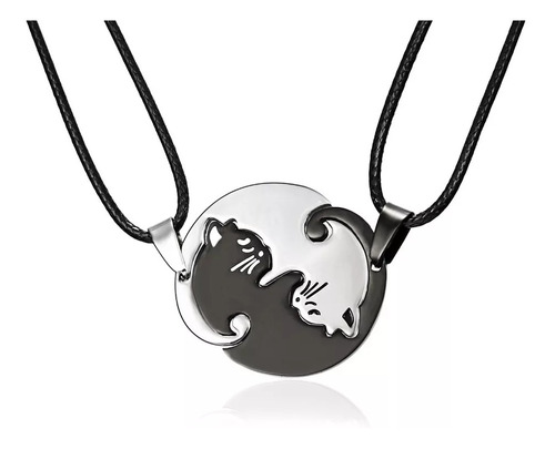 Collar Parejas Novios Acero Inox Cuero Yin Yang Gato Amistad