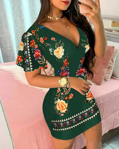 Vestidos Cortos Ajustados Estampado Manga Corta Escote Pico