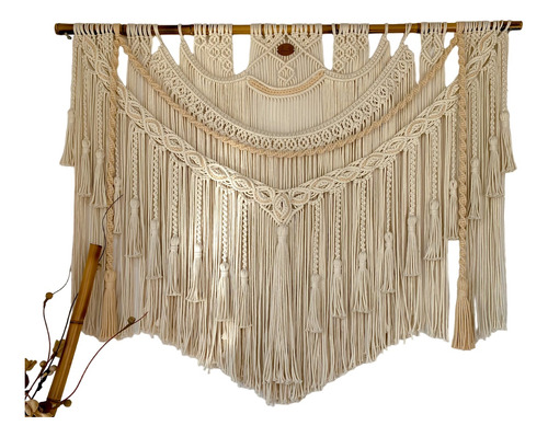 Tapiz De Macramé Aliwé De 150x120cm. Barral De Caña De Bambú