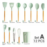 Kit C/12 Utensílios De Cozinha Silicone Cabo Madeira Cor Verde-claro