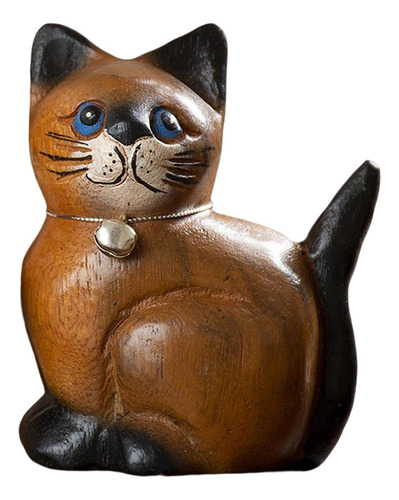 Estátua De Gato Esculpida Em Madeira, S Cabeça Esquerda
