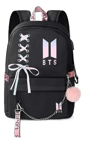 Mochilas Bts De Gran Capacidad Impermeable Con Puerto Usb, Para Escuelas, Jornadas Diarias, Fitness Y Viajes, Color Negro Y Rosa | Meses sin interés