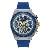 Reloj Guess Commander Para Caballero Plata Correa Azul Bisel Negro Fondo Amarillo