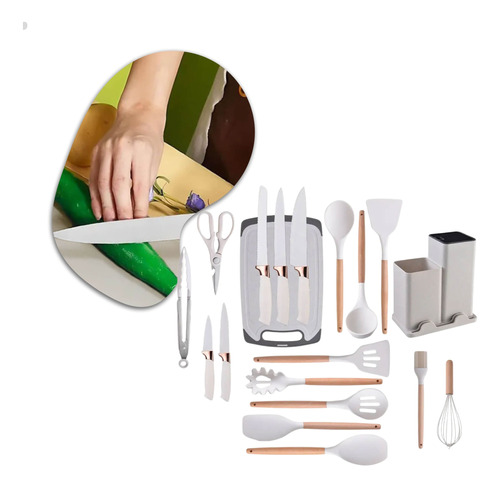 Conjunto Utensílios Silicone Facas Tabua De Cortar Kit 19pç,