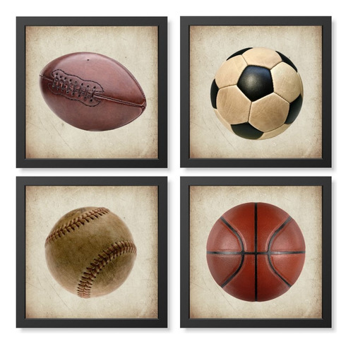 Kit Com 4 Quadros Decorativos - Esporte Bolas Vintage