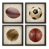 Kit Com 4 Quadros Decorativos - Esporte Bolas Vintage