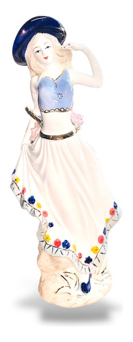 Figura Decorativa Dama Sombrero Con Flores Porcelana Grande 