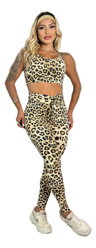 Conjunto Fitness Calça Empina Bumbum Etop Onça Animal Print 