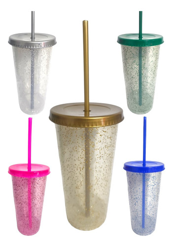 Vaso Reusable Popote 50 Pzas Glitter 22oz Café Frio