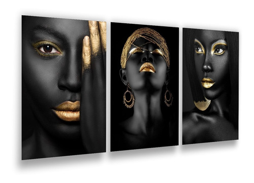 Quadro Decorativo Mulher Negra Dourada Gold Para Sala Quarto