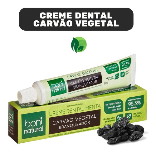 Creme Dental Menta E Carvão Vegetal 90g - Boni Natural