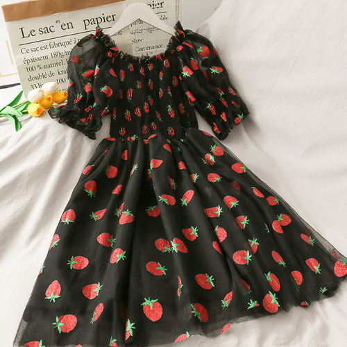 Elegante Vestido De Gasa Con Estampado De Fresas Para Mujer