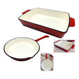 Juego Cocina Sarten +asadera  Hierro Fundido Esmaltado Rojo 