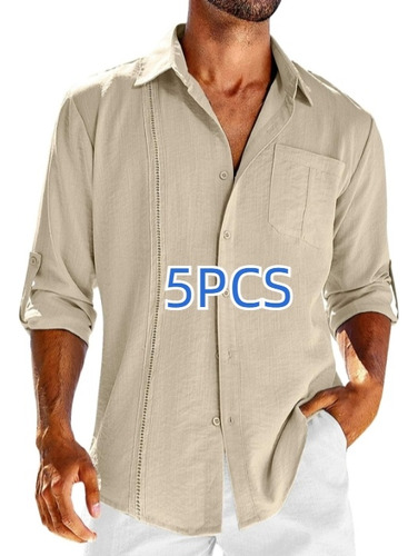 5pcs Camisa De Lino De Manga Larga Guayabera For Hombre Con