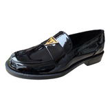 Tenís Mocasín Guess Casual Negro Charol Placa Dorada Dama