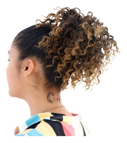 Cabelo Organico Coque Cacheado Curto Afro Puff Com Regulador Cor Castanho Com Californiana Mel Cor T1b/27