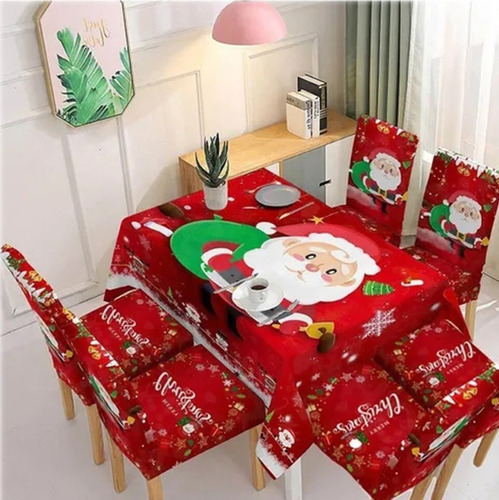 Mantel Rectangular Navideño Y 6 Fundas Para Sillas