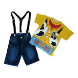 Roupa Conjunto Woody Toy Story Com Bermuda E Suspensório