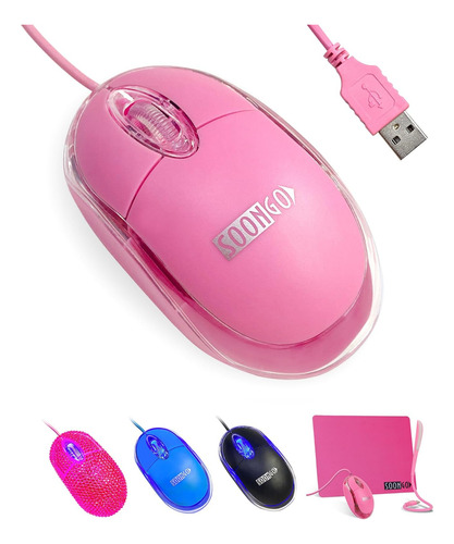 Mini Ratón Óptico Ergonómico Con Cable Led Rosa Claro Ordena