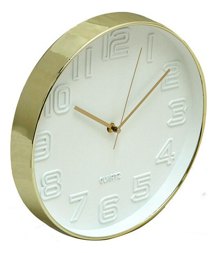 Reloj De Pared Clasico Minimalista 30cm Silencioso Estructura Dorado Y Blanco Fondo Blanco