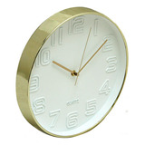 Reloj De Pared Clasico Minimalista 30cm Silencioso Estructura Dorado Y Blanco Fondo Blanco