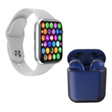 Kit 1 Smartwatch Iwo 8 Branco + 1 Fone Bt I12 Azul Escuro