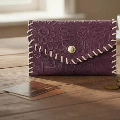Cartera Sobre De Piel Artesanal Tejido A Mano Vino Floreado