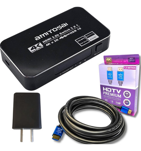 Switch Hdmi 3 X 1 Amitosai + Fuente 5v+ Cable Hdmi 4k 1,5m