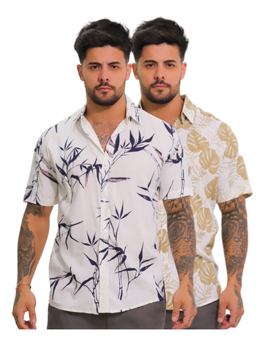 Kit 2 Camisas Havaiana Floral Masculina Manga Curta Social 