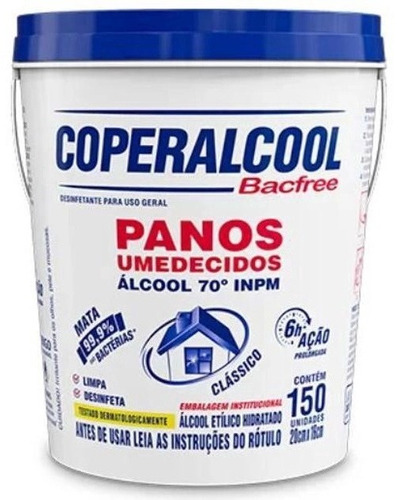 Pano Umedecido Álcool 70 Coperalcool Bacfree Balde C/ 150 Un