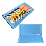 Kit 6 Pratos Servir Sushi Porcelana Retangular 22x11cm Azul