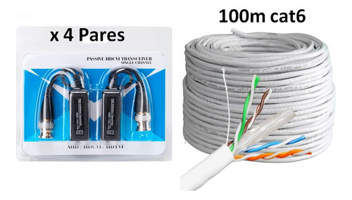 4 Pares Balun Para Cctv  + 100m Cable Cat6 Blanco Cca Factur