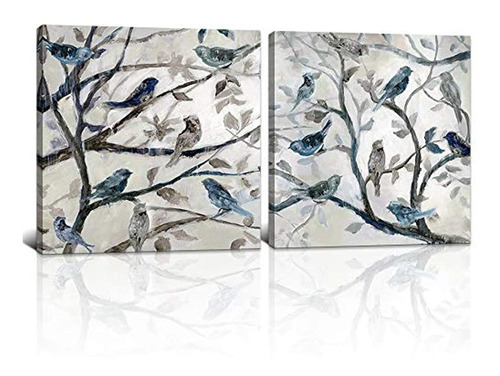 Impresiones En Lienzo De Pájaros Azules En Rama De Árbol.