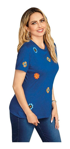 Blusa Con Flores Bordadas Mujer Color Azul 809-79