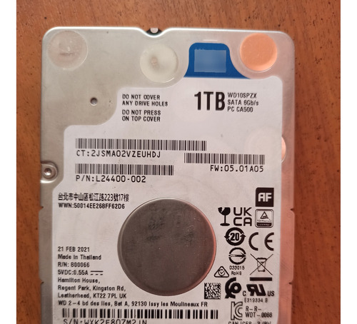 Disco Duro Western Digital Blue 1 Tb 2.5in Wd10spzx Azul