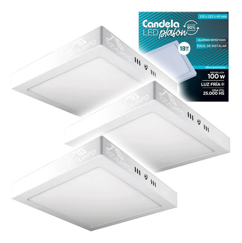 3 Plafones Led Cuadrados Base 18w Luz Fría Candela 6839