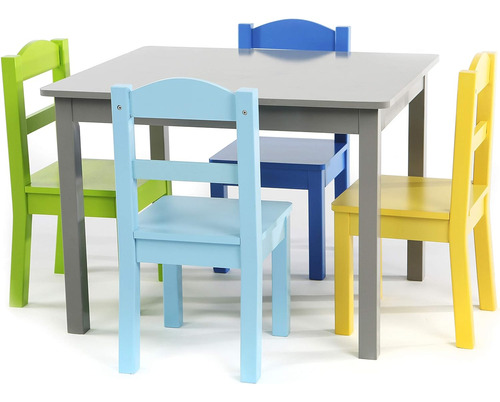 Juego De Mesa Y 4 Sillas Infantil Gris Azul Verde Amari...