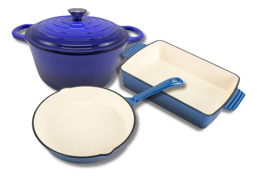 Set Cocina Olla Sarten Asadera Hierro Fundido Esmaltado Azul