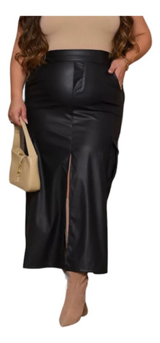 Saia Plus Size Couro Eco Longa Social Festa Bolsos Elegante