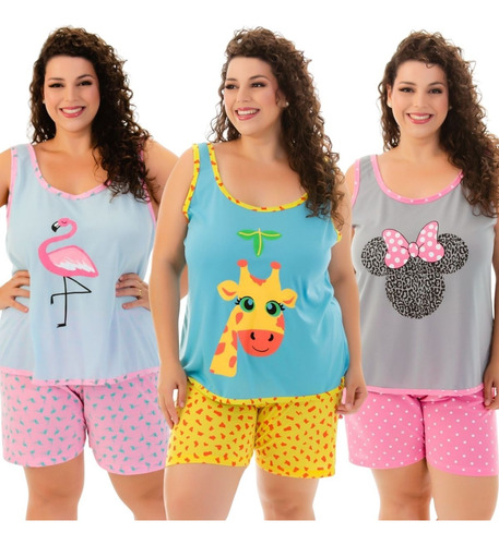 Kit 3 Baby Doll Regata Plus Size Pijama Short Doll
