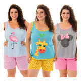 Kit 3 Baby Doll Regata Plus Size Pijama Short Doll