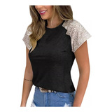 Blusa  Mujer Camiseta Cuello Redondo Manga Corta Lentejuelas